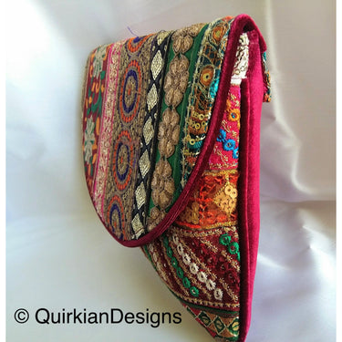 Maroon Red Velvet Fabric Clutch Purse With Red, Green, Yellow, Orange, Black, Pink And Gold Floral Embroidery, Wedding Clutch, Party Bag